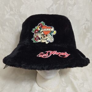 Ed Hardy Black Faux Fur Logo Patchefd Retro Hat NWT